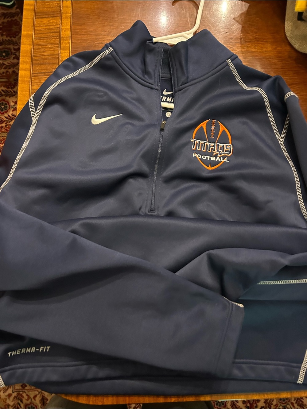 Nike Navy and White Titans Football Therma-Fit Quarter Zip Pullover
